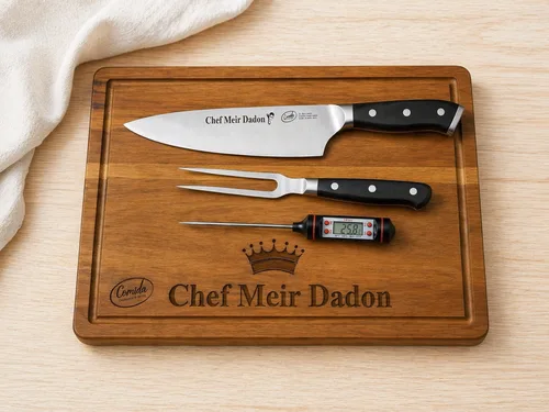קרש חיתוך בוצ'ר וסכין שף עם חריטה אישית