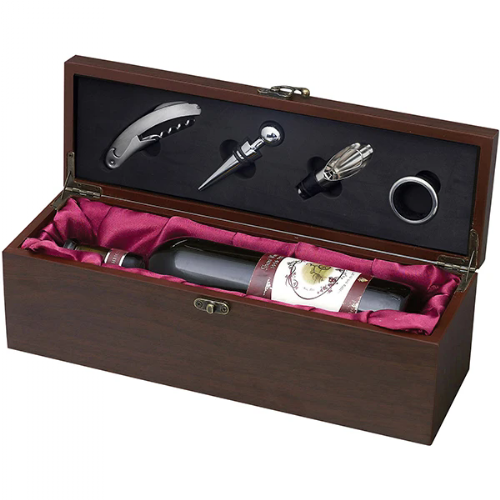 מארז עץ מהגוני לבקבוק יין ואביזרים 4 חלקים עם חריטה אישית.