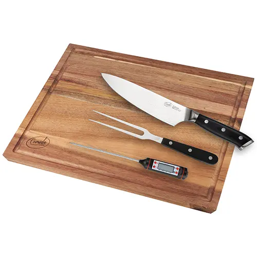 בוצ'ר עץ שיטה + סכין שף 21 סמ להב עם חריטה אישית כולל מדחום וקלשון